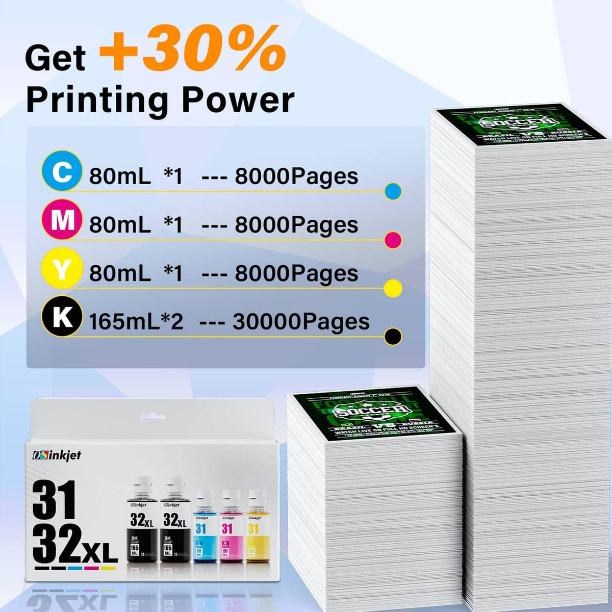 Ink bottle set box with stacked bottles and page-yield style graphic