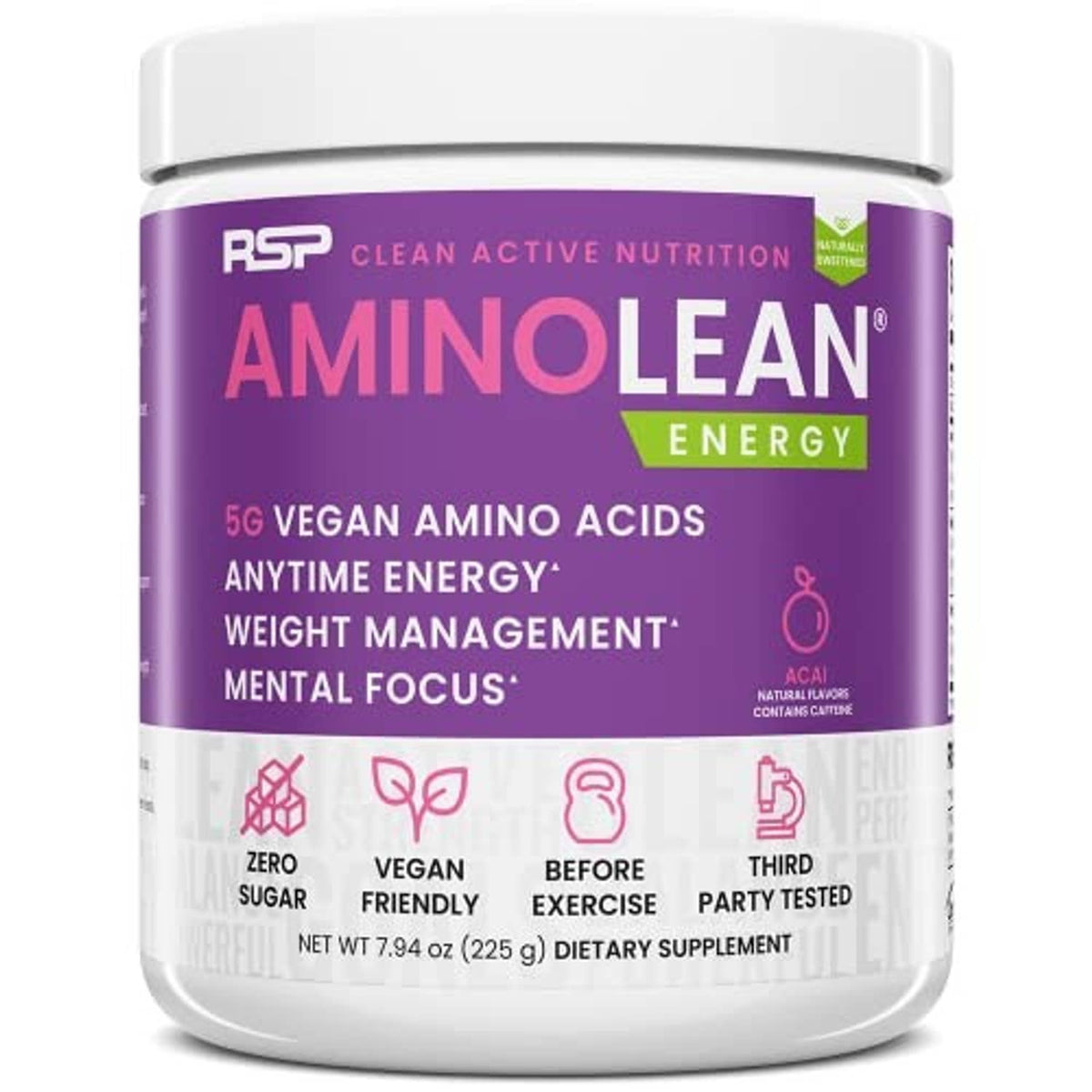 AminoLean Energy powder jar, purple front label with vegan amino acids claims