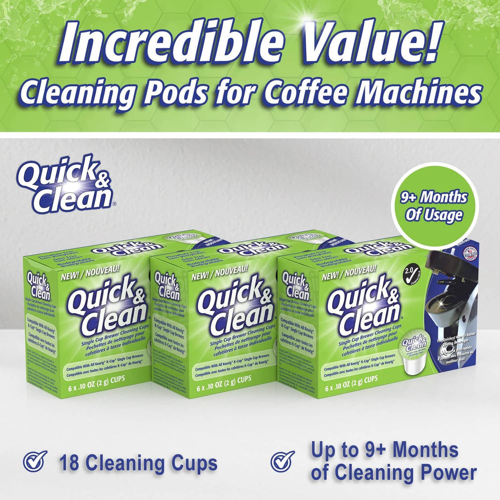 Pack of 18 cleaning pods with green boxes and white cups, up to 9+ months