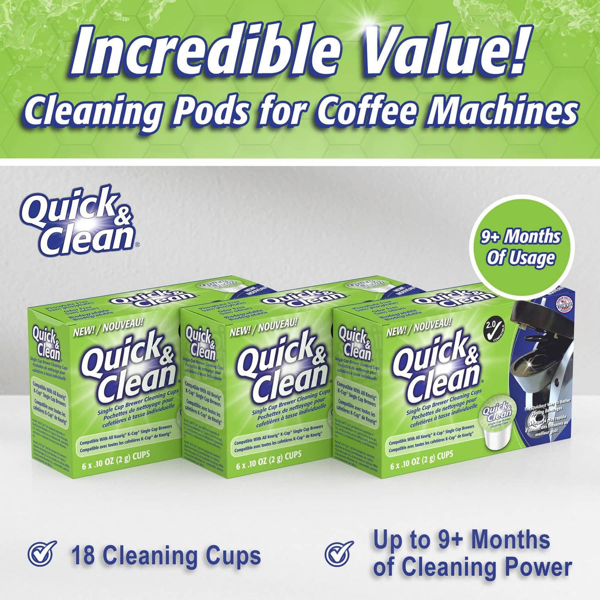 Pack of 18 cleaning pods with green boxes and white cups, up to 9+ months
