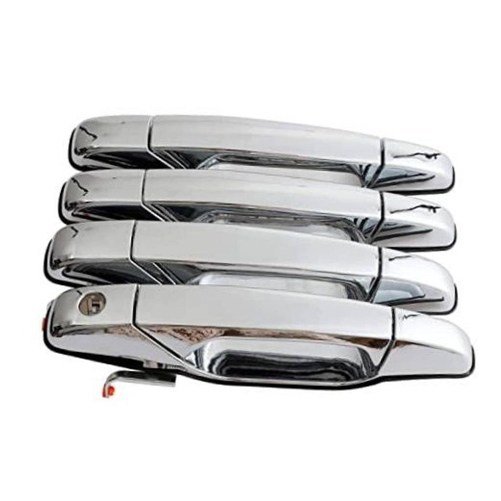 Chrome exterior door handle set with four polished metal handles in stacked close-up