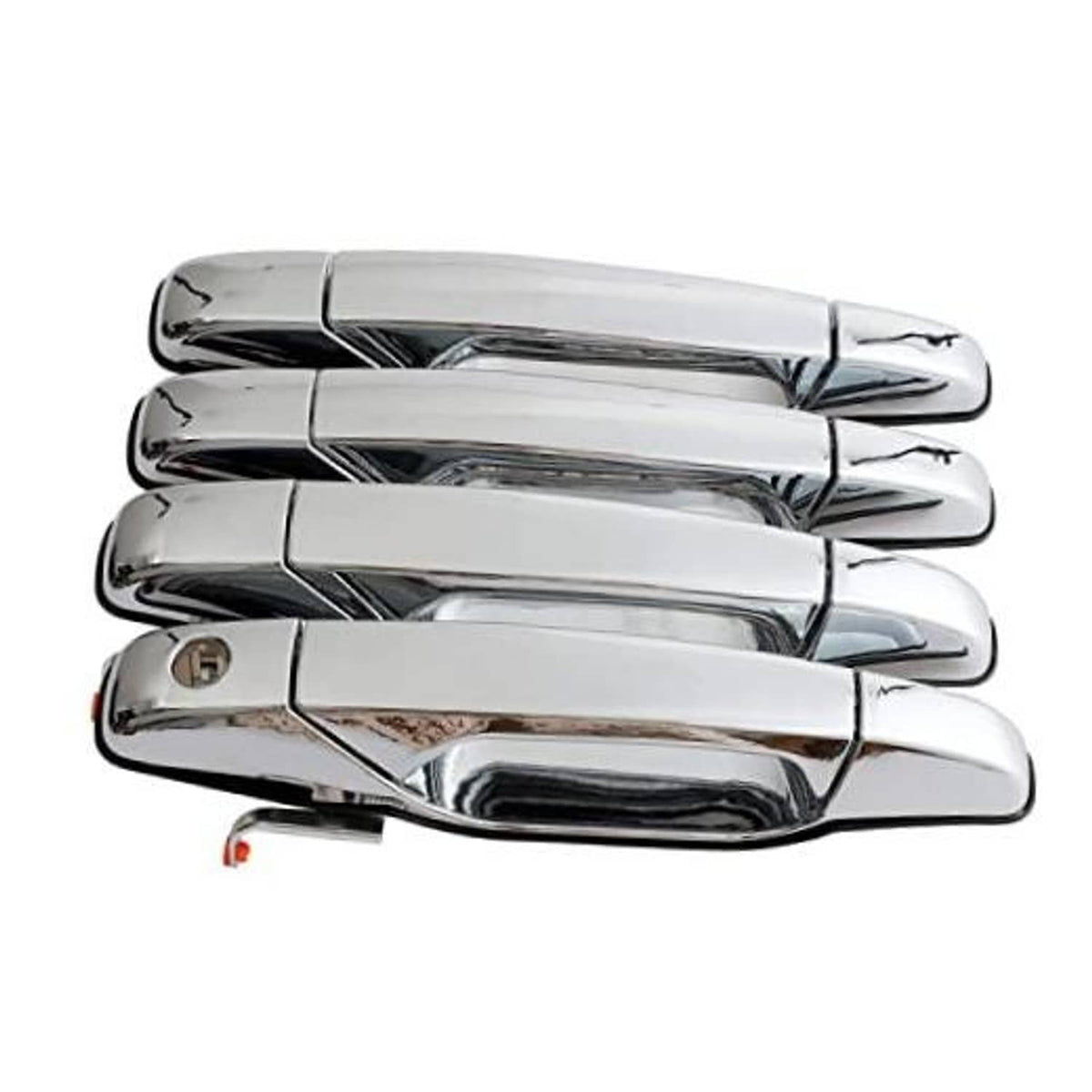 Chrome exterior door handle set with four polished metal handles in stacked close-up