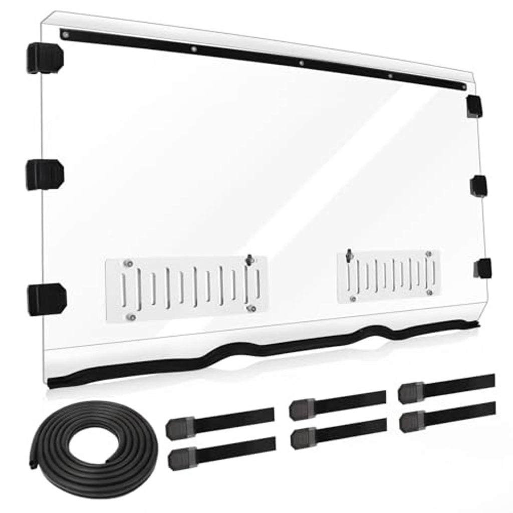 Vented UTV windshield with mounting brackets, vent inserts, and accessory hardware