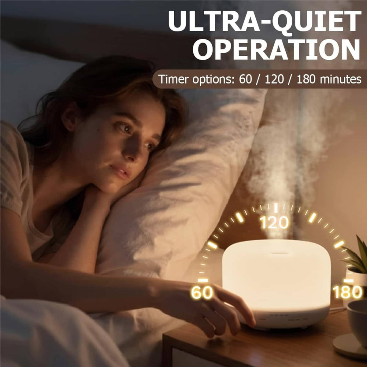 Ultrasonic essential oil diffuser with soft warm light emitting mist in a bedroom
