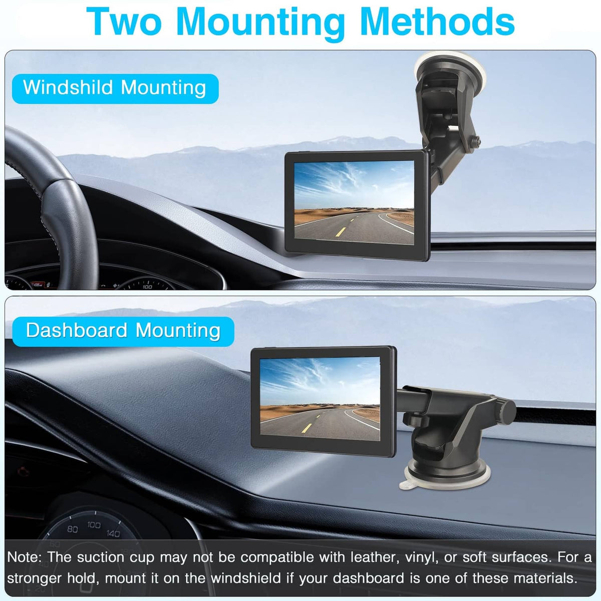 Suction-cup monitor mount with dashboard and windshield screen holder, black