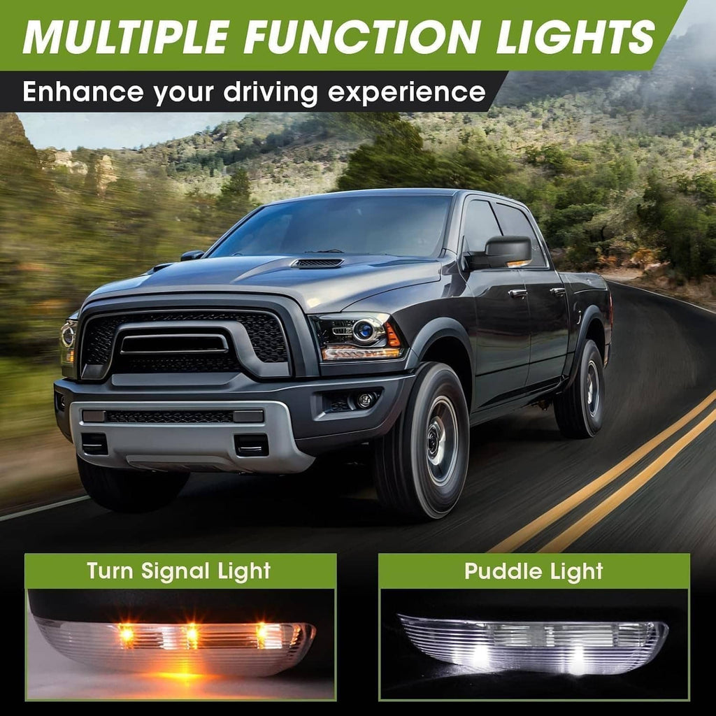 Pair of black side mirrors featuring turn signal and bright puddle lights