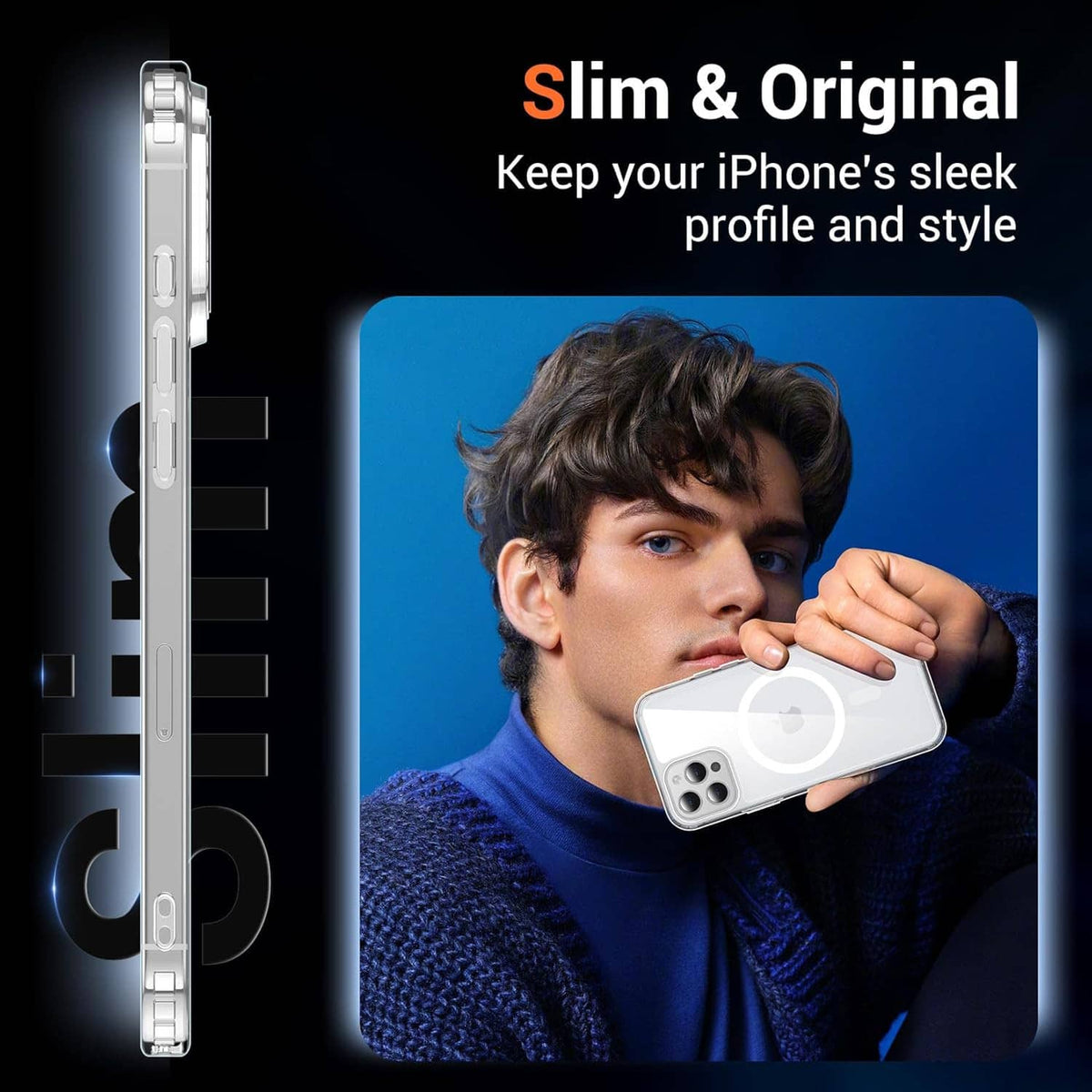 Slim clear iPhone 15 Pro Max case, side buttons visible and back camera openings