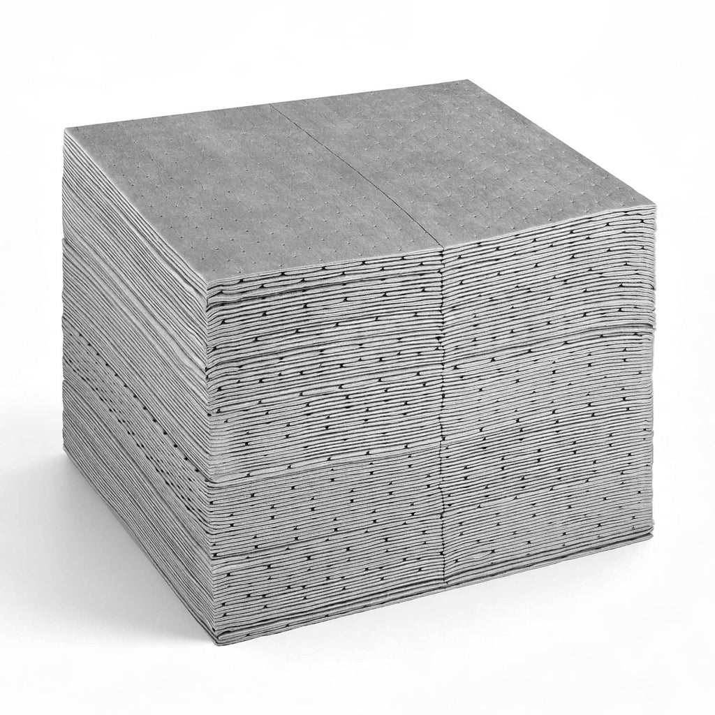 Oil and water absorbent pads, grey, 16 x 18 in sheets, stacked 100-pack.