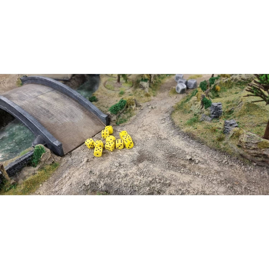 Small cluster of yellow D6 dice with black spots for tabletop wargames