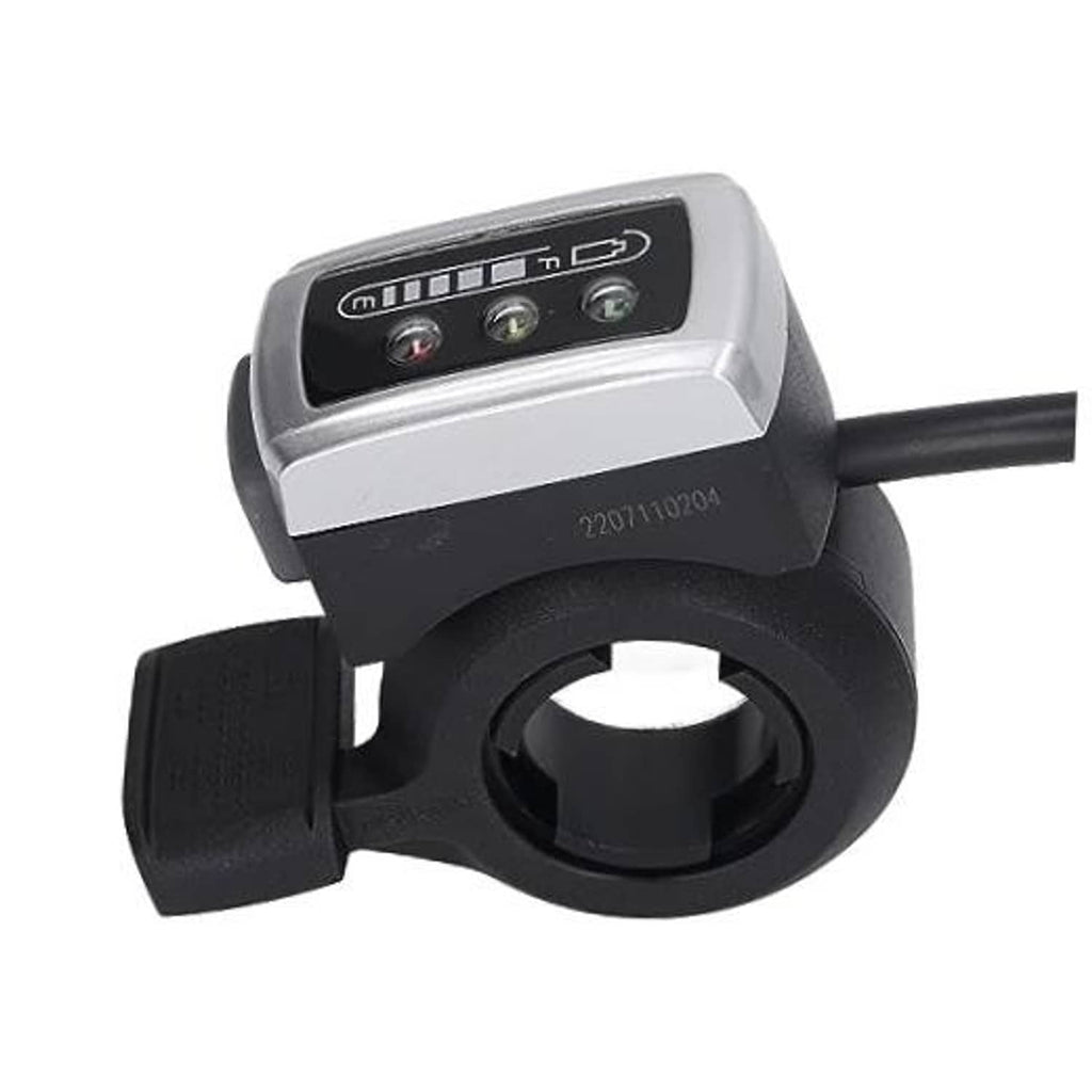Electric scooter thumb throttle with black grip and silver control panel