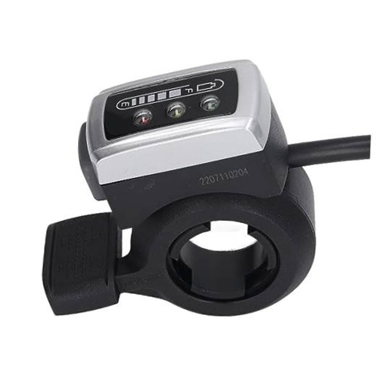 Electric scooter thumb throttle with black grip and silver control panel
