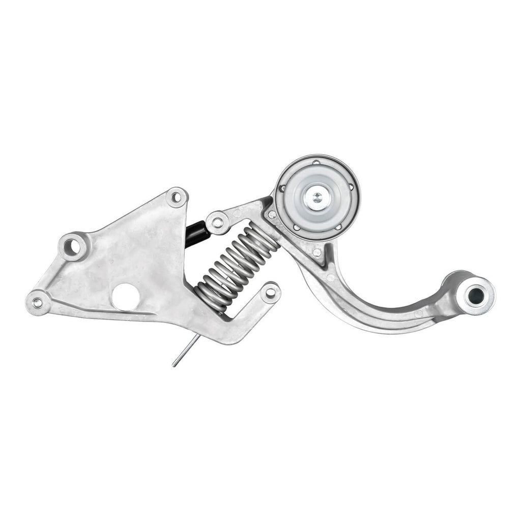 Belt tensioner assembly with pulley and coil spring, silver metal control arm.