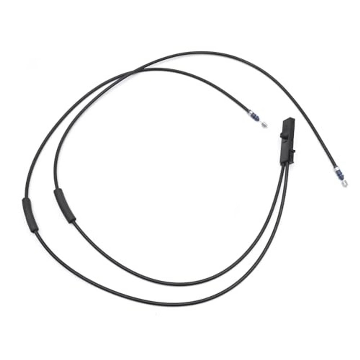 Black hood latch lock release wire cable with two blue-tipped terminals and connectors