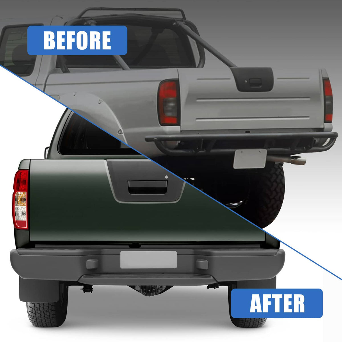 Black rear step bumper after-installation view with rugged lower trim