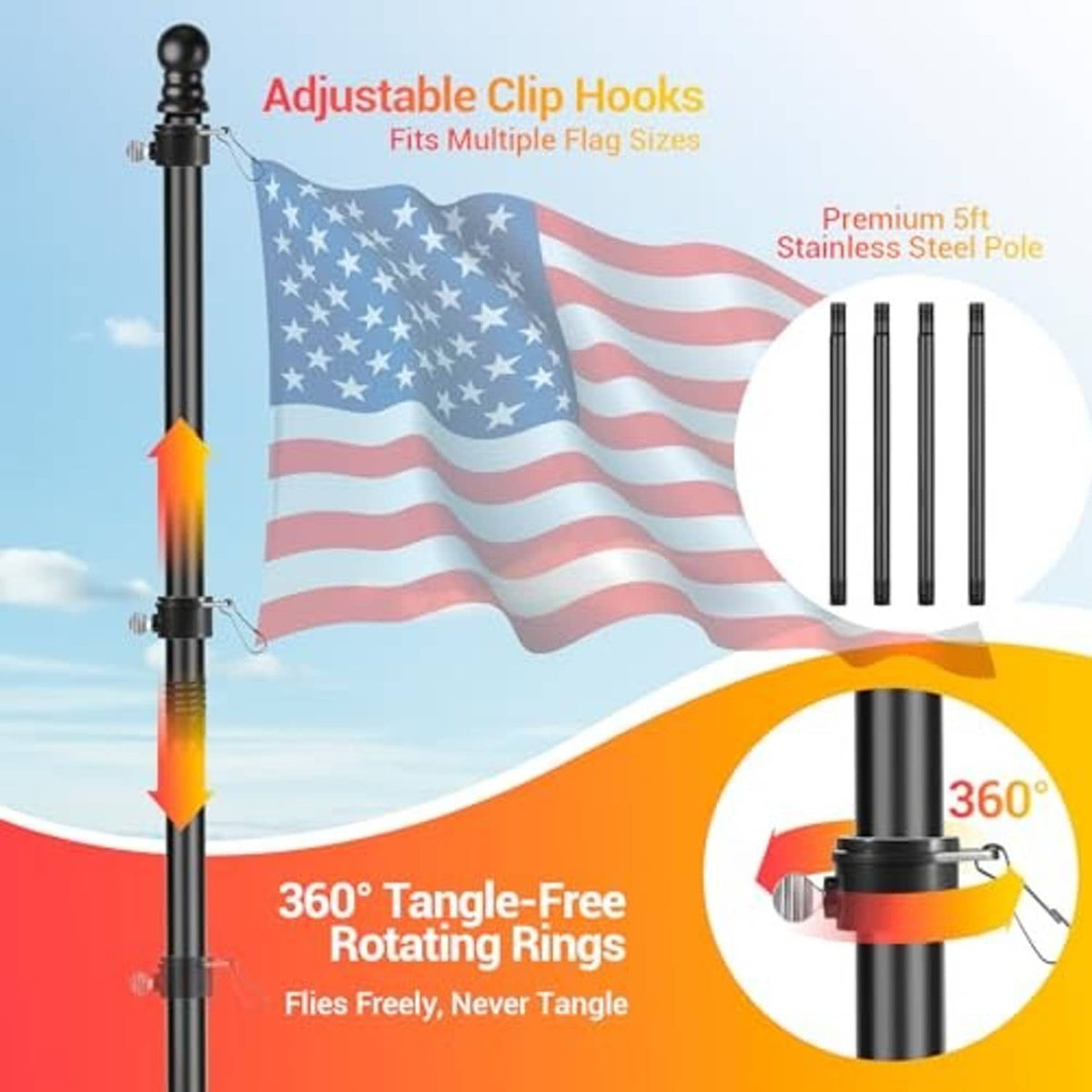 Adjustable magnetic flag pole holder with clip hooks on a tall black pole