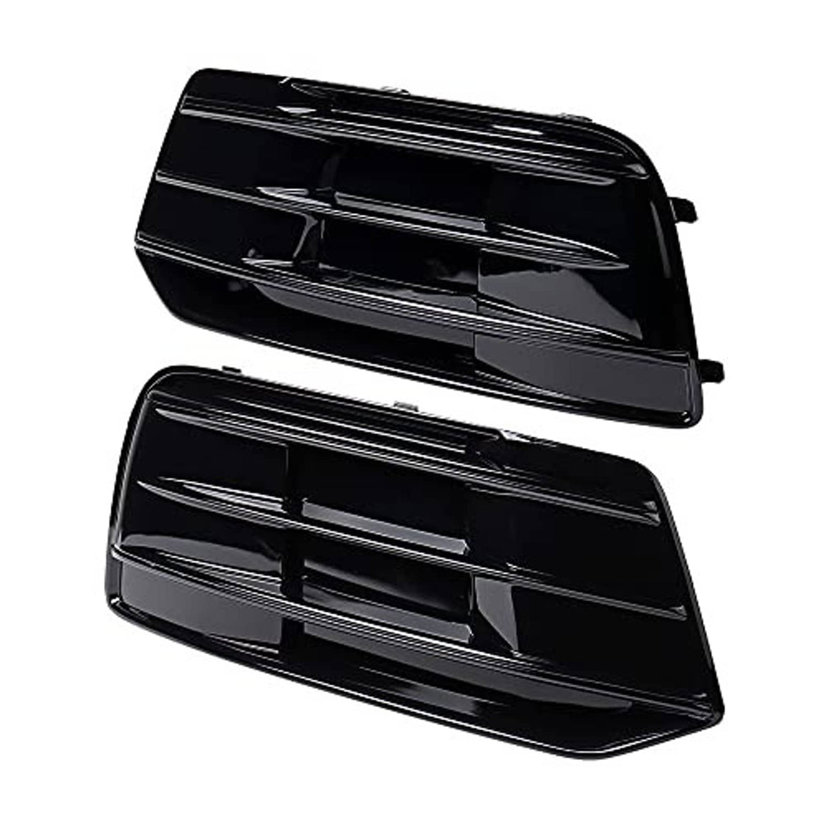 Glossy black front grille inserts with horizontal slats and side mounting tabs, 2 pieces