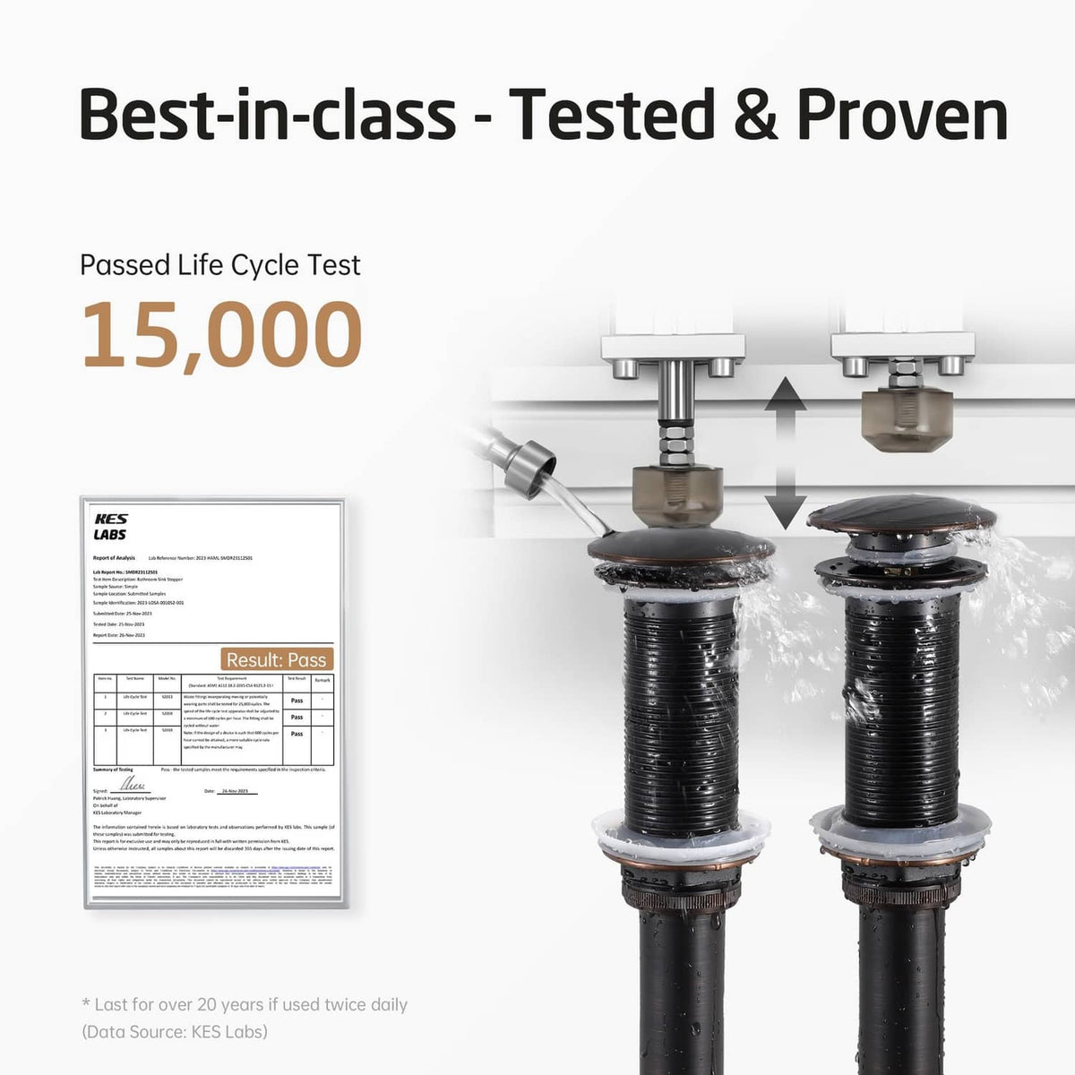 Oil-rubbed bronze bathroom sink drain shown in durability testing setup