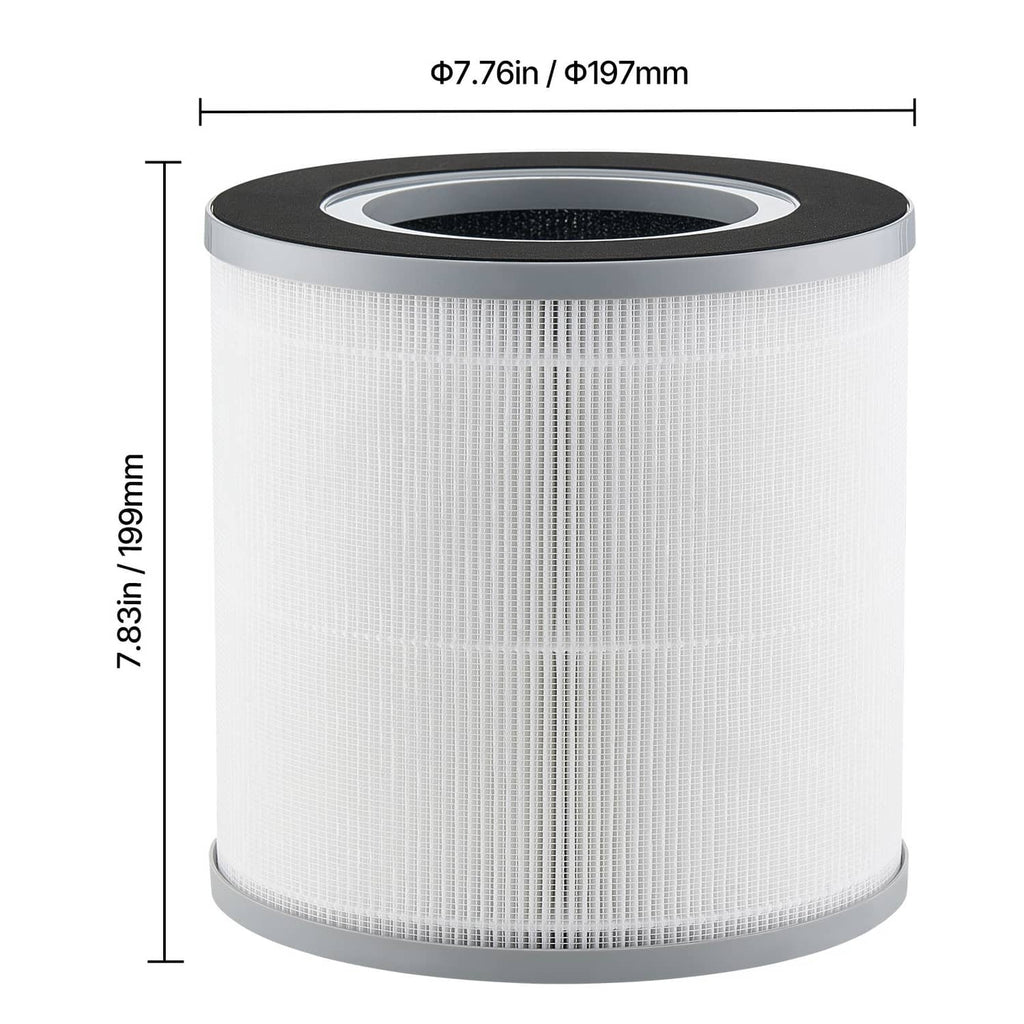 Front view of cylindrical H13 HEPA replacement filter with dark rim and white pleated body