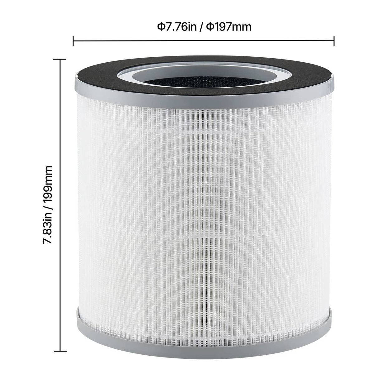 Front view of cylindrical H13 HEPA replacement filter with dark rim and white pleated body