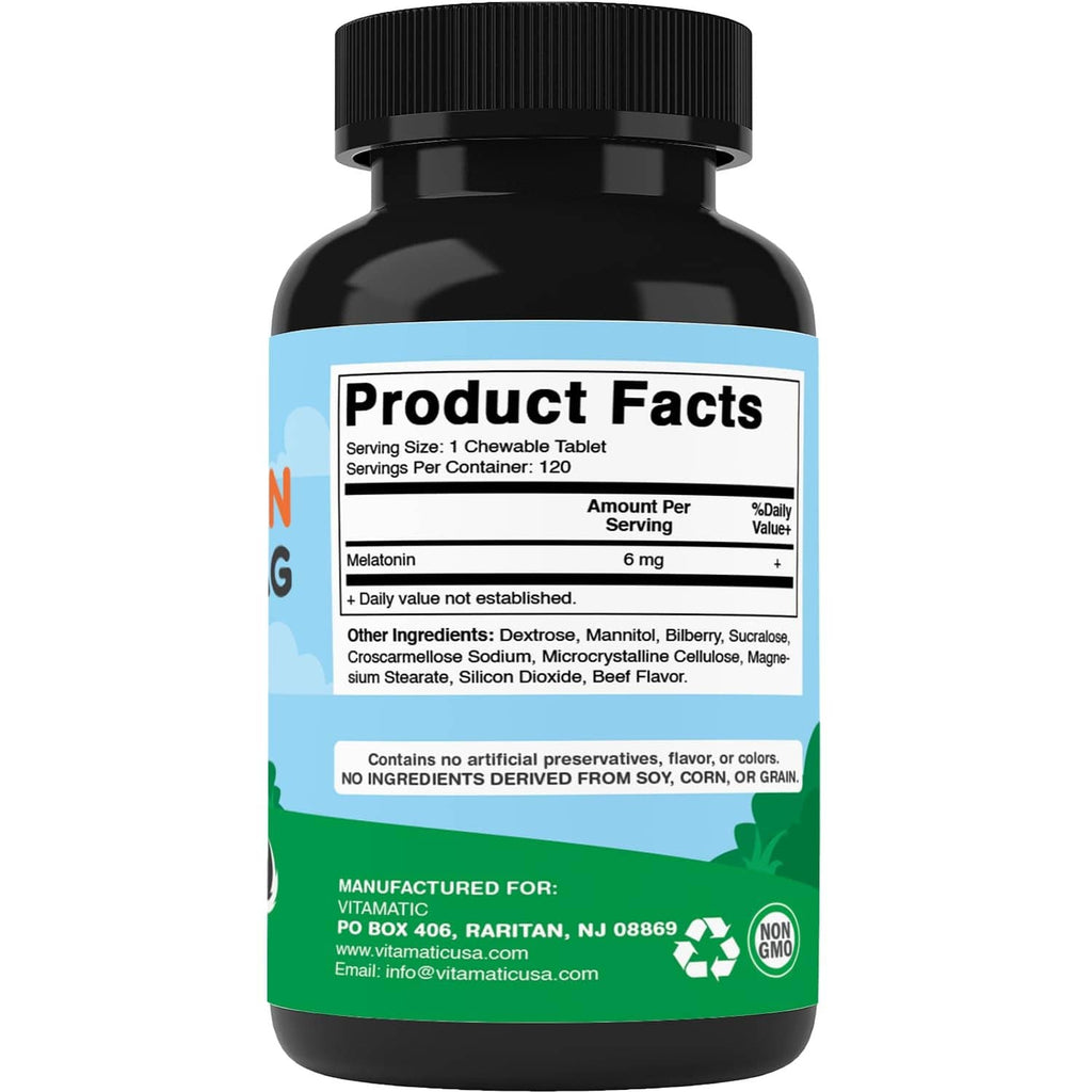 Vitamatic Pets Melatonin 6 mg bottle product facts with ingredients list