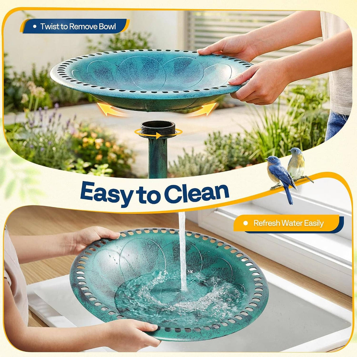 Turquoise outdoor bird bath on pedestal, basin lifted by hand for easy cleaning