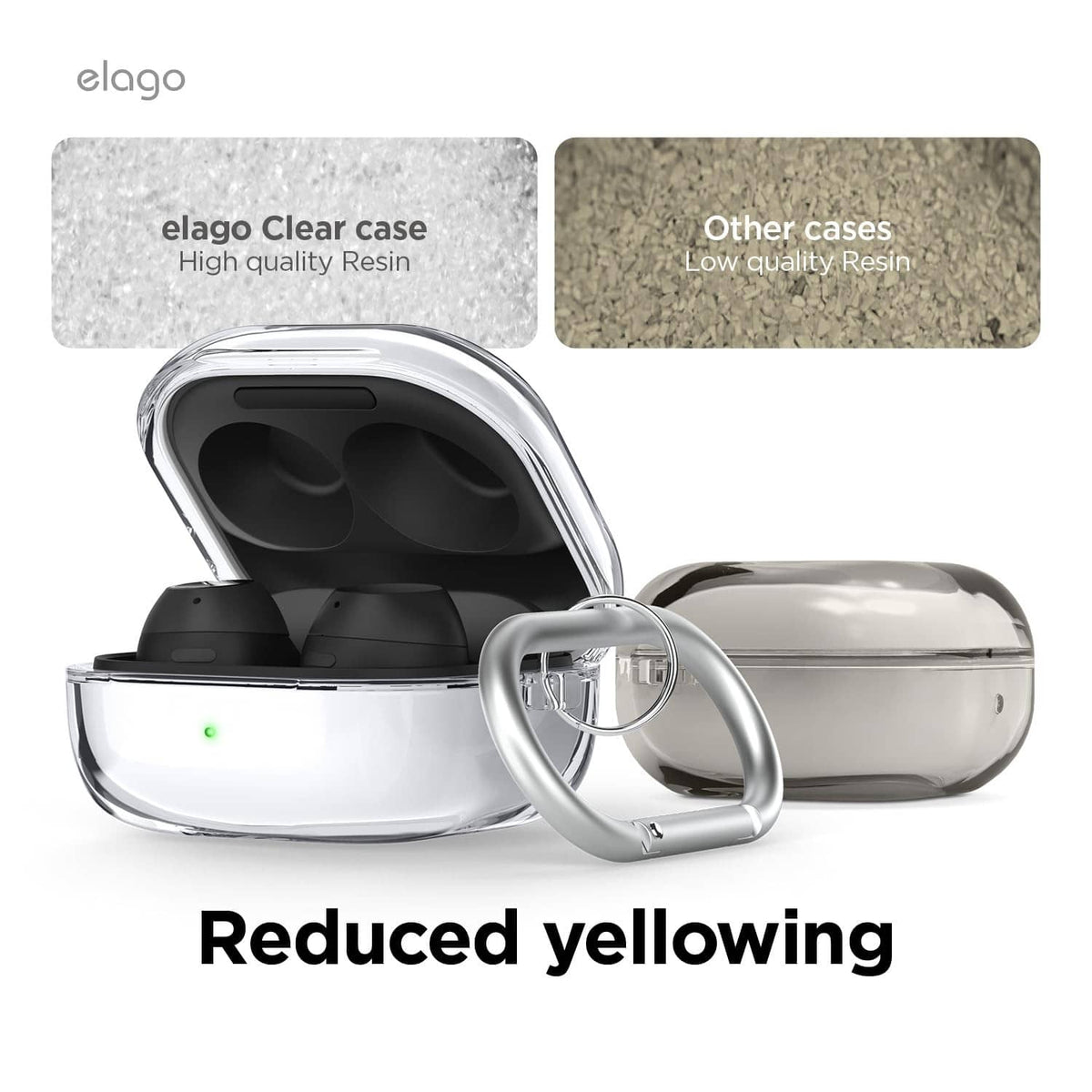 Clear hard earbuds case open with black earbuds inside and keyring loop attachment