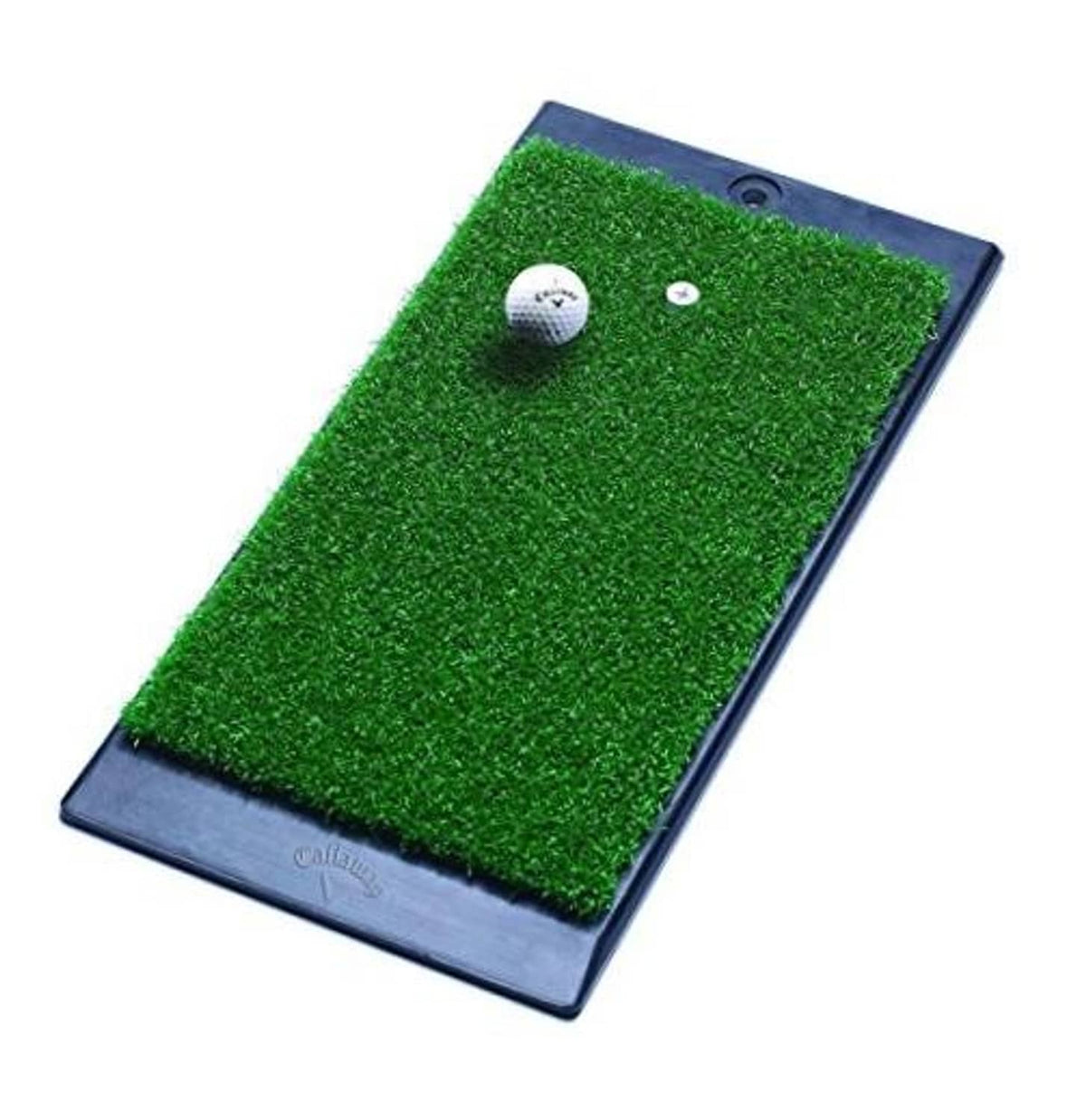 Green turf hitting mat with dark weighted rubber base, golf ball and tee targets