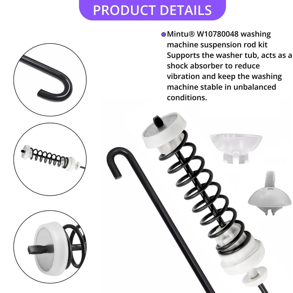 Washer suspension rod assembly with black spring, white mounts, and clear cup