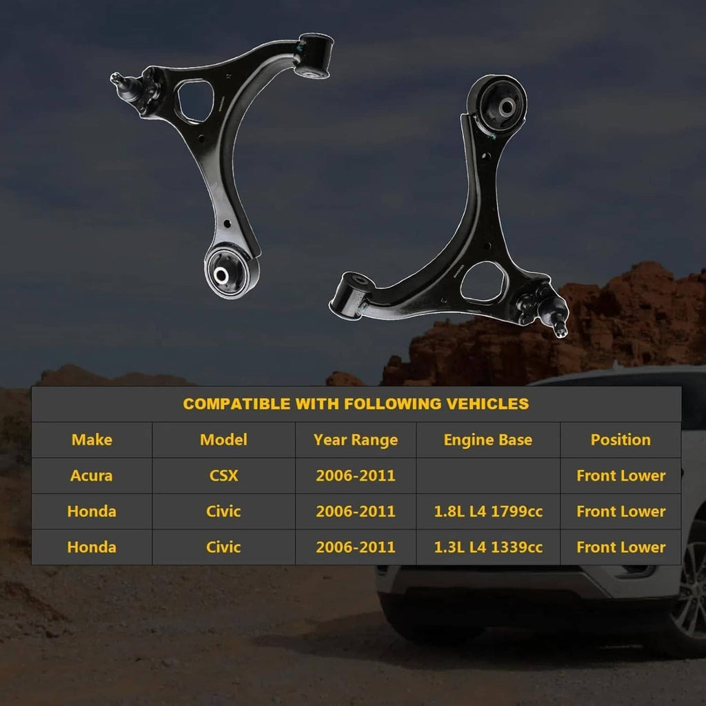 Two black front suspension control arms with ball joint ends for compatible vehicles