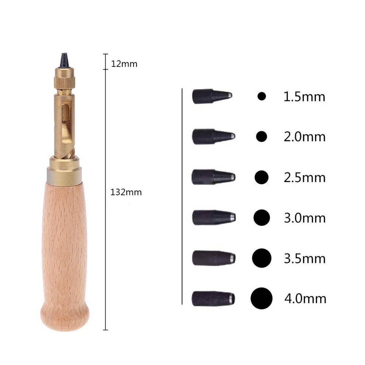 Leather screw punch tool with 12mm/132mm measurements and 1.5–4.0mm black tips