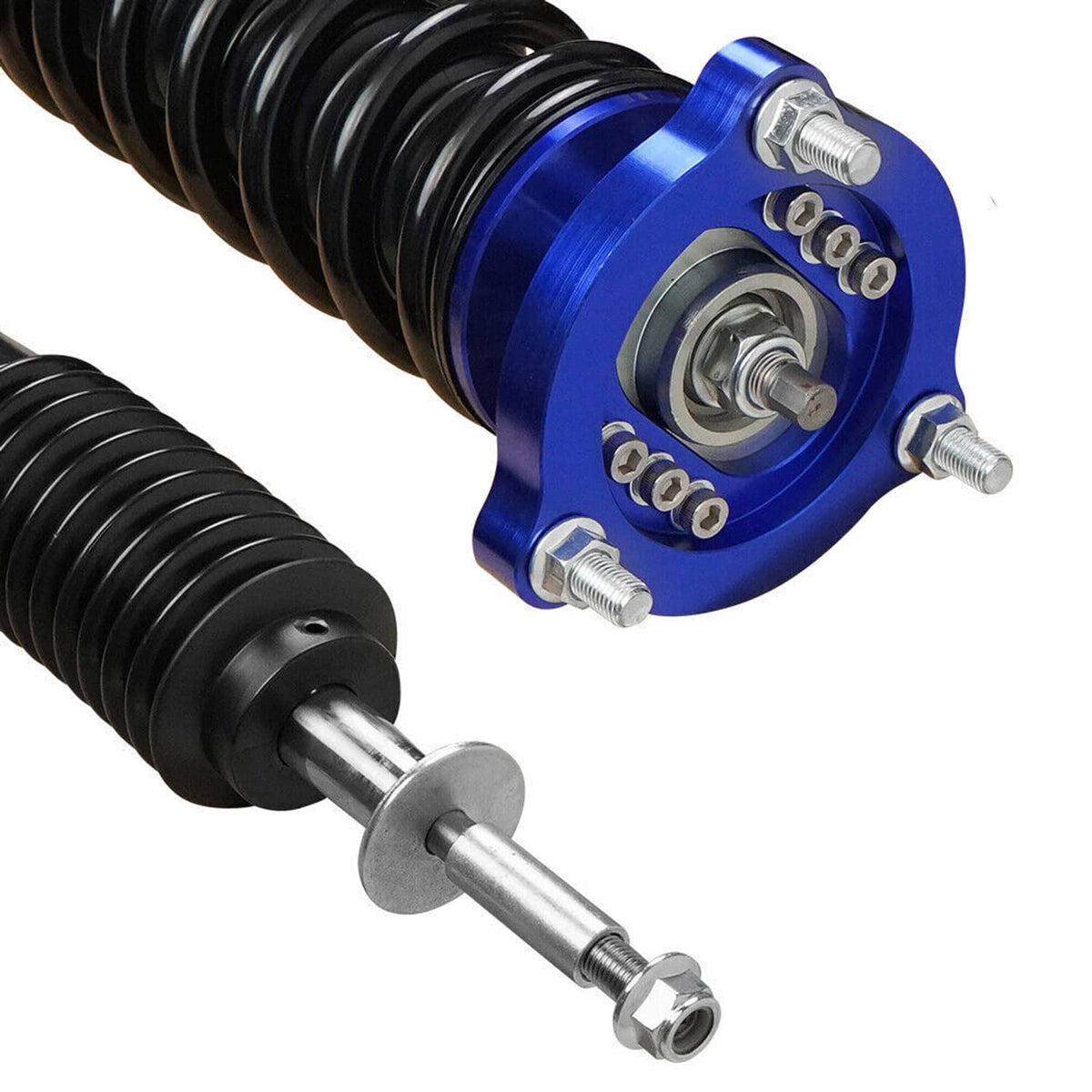 Blue coilover end cap and adjustment hardware with black spring and silver threaded rod