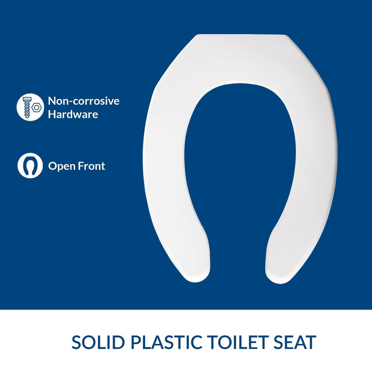 Elongated open-front plastic toilet seat with non-corrosive hardware, white