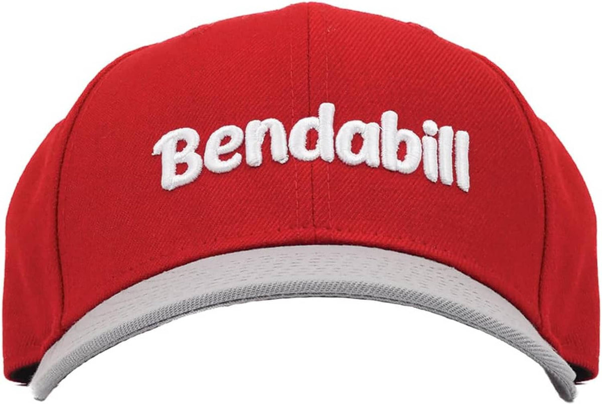 Red baseball cap with white Bendabill logo and light gray inner brim