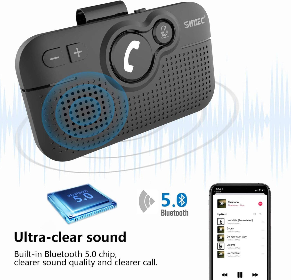 Black wireless Bluetooth car speaker with call button and perforated speaker grille