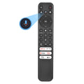 Black TV remote control with circular directional pad and voice button