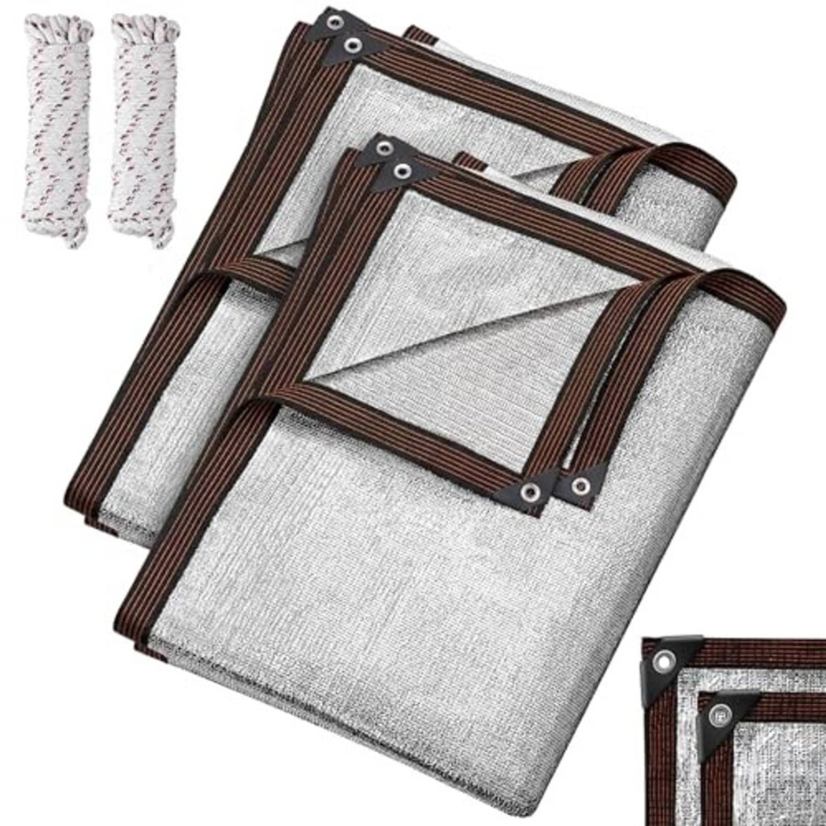 Reflective aluminum shade cloth panels with brown binding and corner grommets, stacked