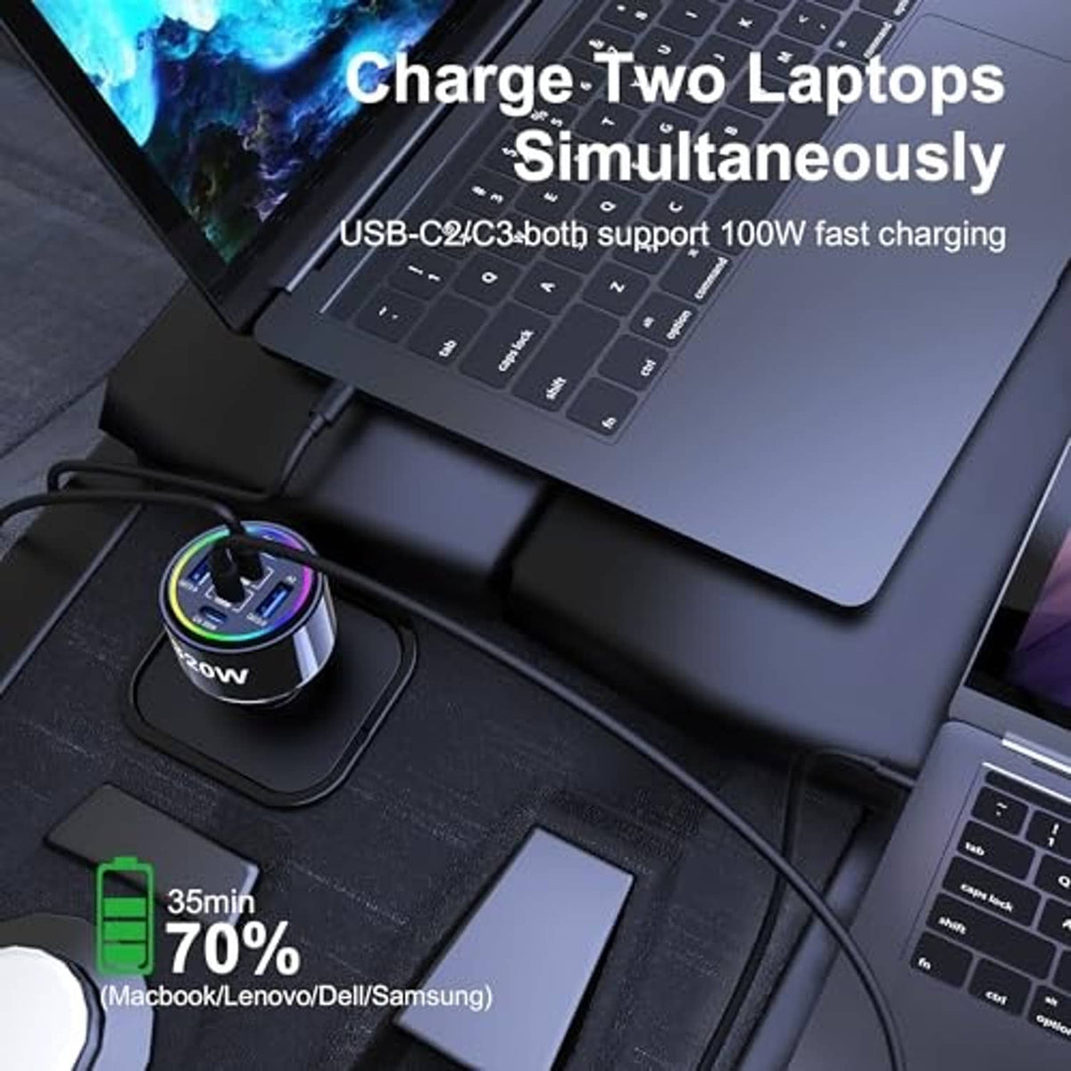 Black 320W USB-C car charger connected by cable with glowing port ring