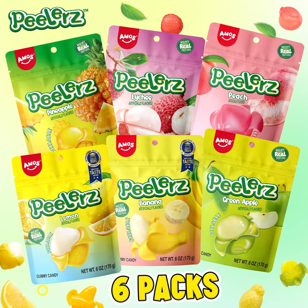Peelerz 6-pack gummy candy bags: pineapple, lychee, peach, lemon, banana, green apple
