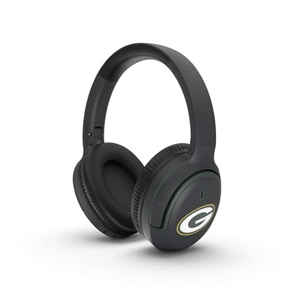 Dark gray over-ear active noise cancelling headphones with Green Bay Packers G logo
