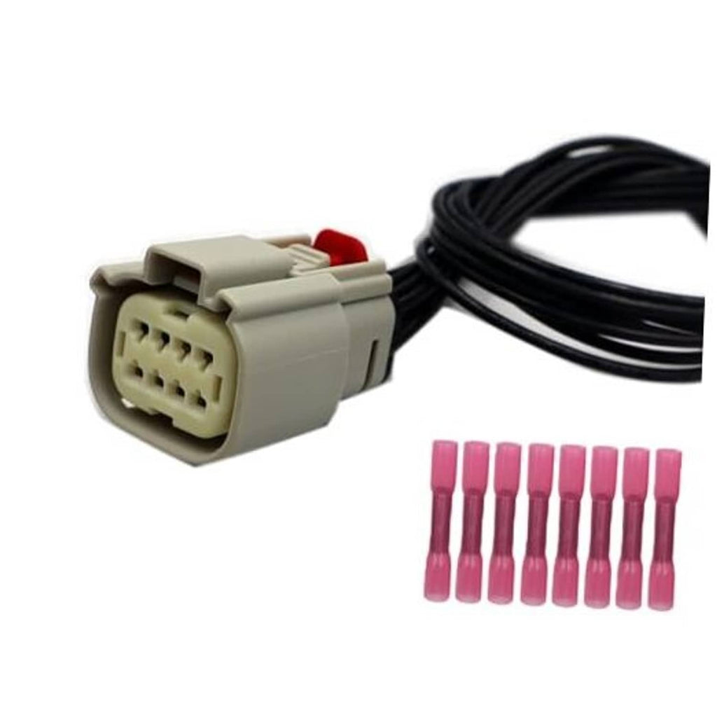 Headlight wiring connector with gray plug, black cable, and pink terminal pins