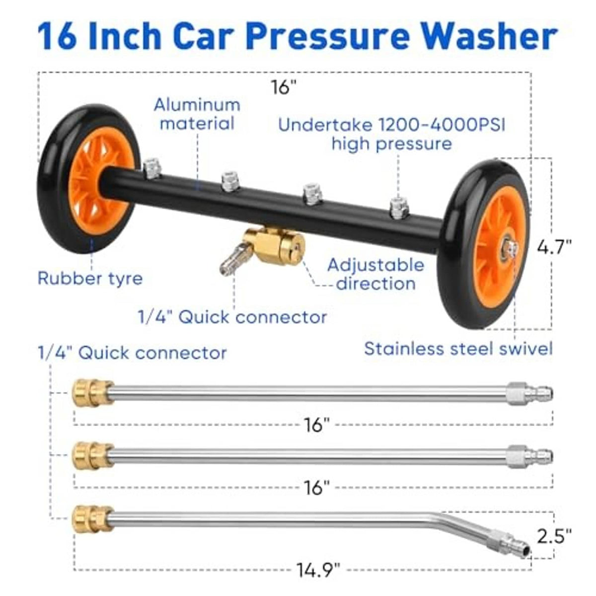 16-inch car pressure washer attachment with orange wheels, stainless swivel, and quick connectors