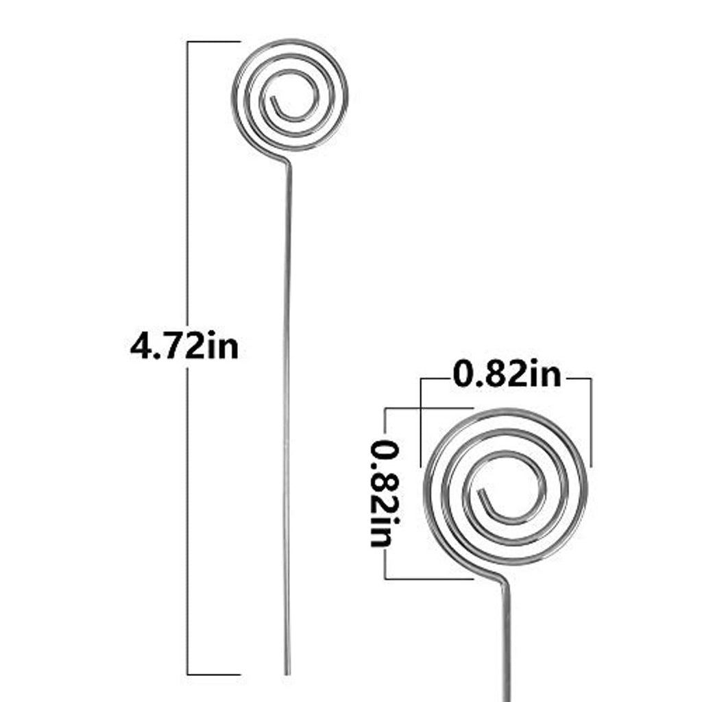Silver wire card holder with round spiral clip on a straight stake, with size guide