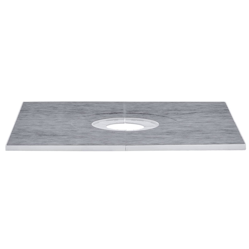 Rectangular grey shower curb tray with central circular drain opening
