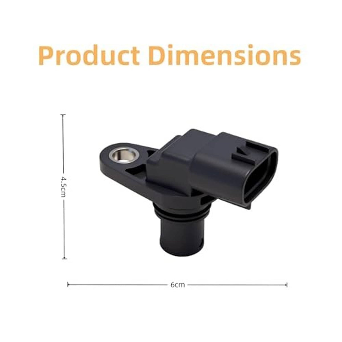 Camshaft position sensor with mounting tab and connector, shown with dimensions