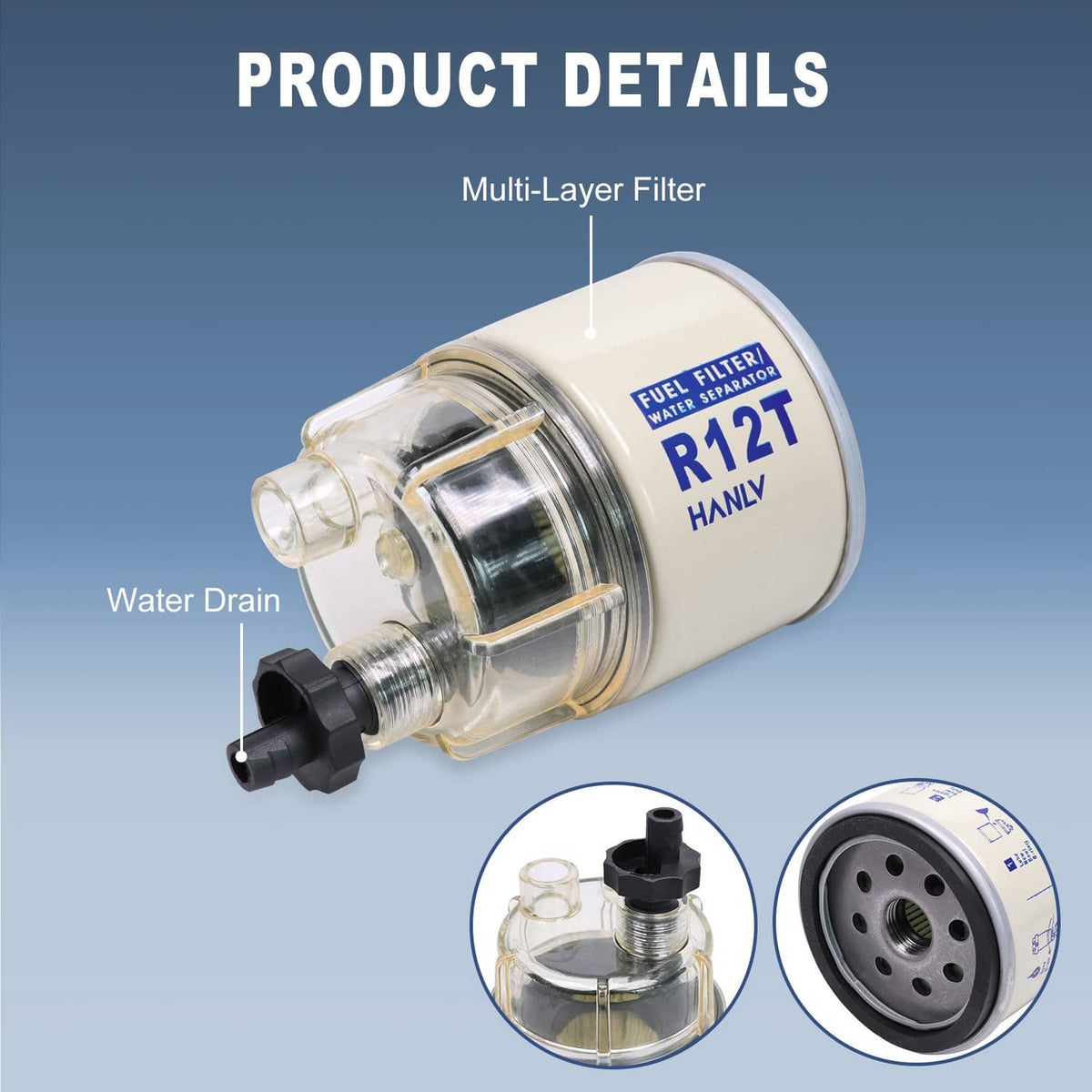 R12T marine fuel filter water separator with multi-layer filter and water drain outlet