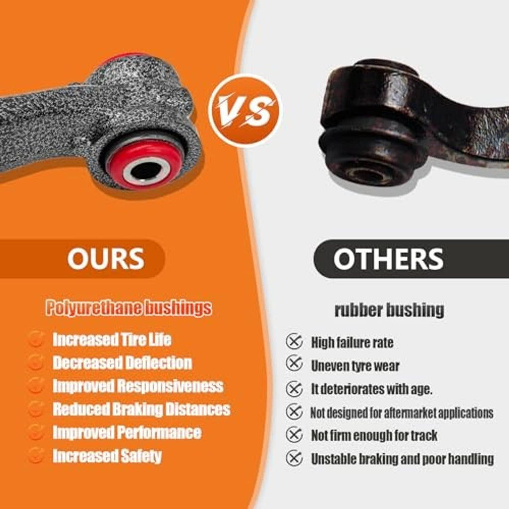 Bushing material comparison showing polyurethane bushings vs rubber bushings for control arms