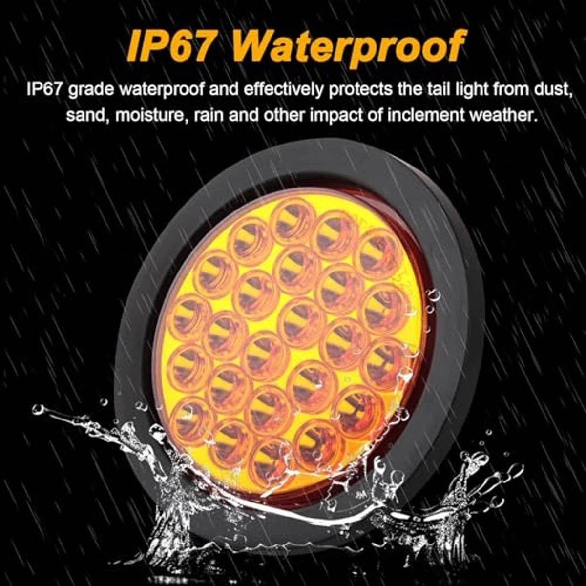 Round amber LED strobe light with black housing, water-splash protection