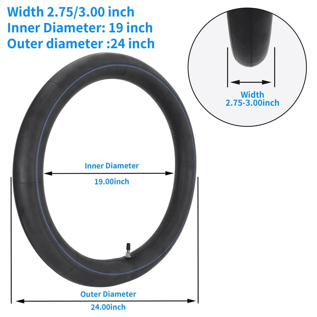 Pair of black inner tubes, 2.75/3.00-19; inner/outer diameter size diagram
