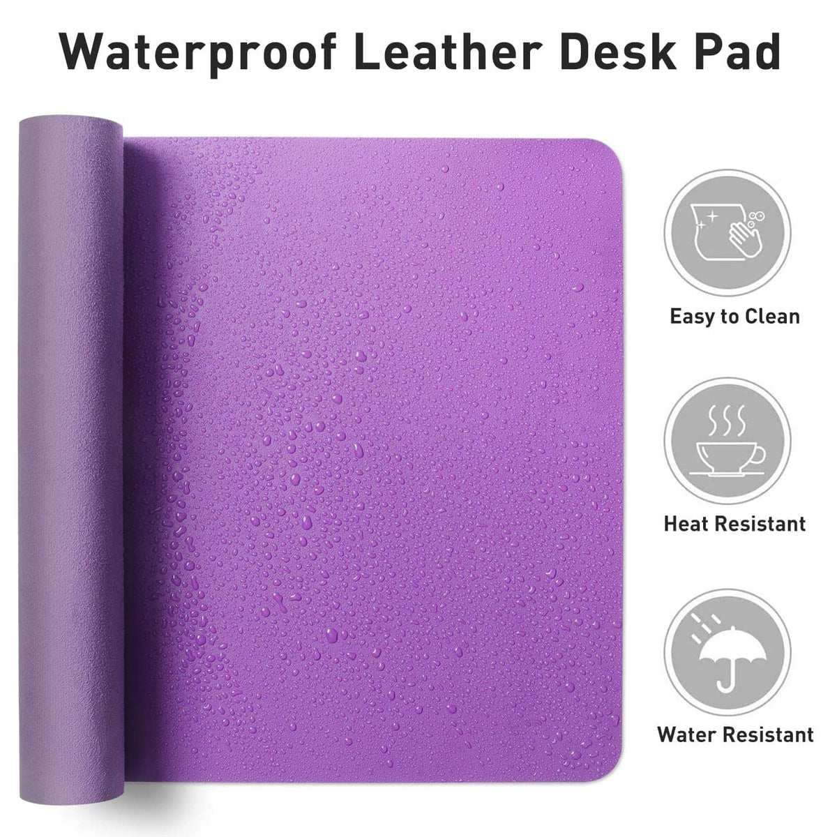 Violet waterproof leather desk pad with water droplets and rolled edge