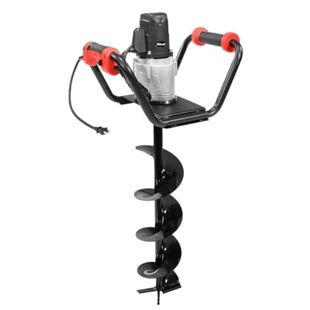 Electric post hole digger with spiral auger bit, red-and-black loop handles and motor